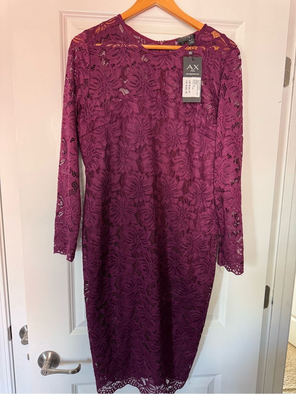NWT AX Paris Burgundy Lace Midi Dress Long sleeve with zipper closure size 14